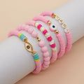 Women's Handmade Heishi Bead Bracelet Set Fashion Charm Evil Eye Boho Girl with Sweetheart Pink Gold Plated by Go2boho