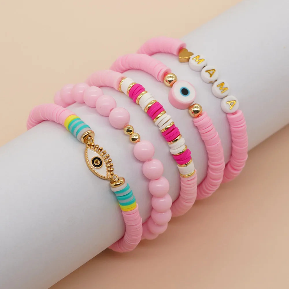 Women's Handmade Heishi Bead Bracelet Set Fashion Charm Evil Eye Boho Girl with Sweetheart Pink Gold Plated by Go2boho