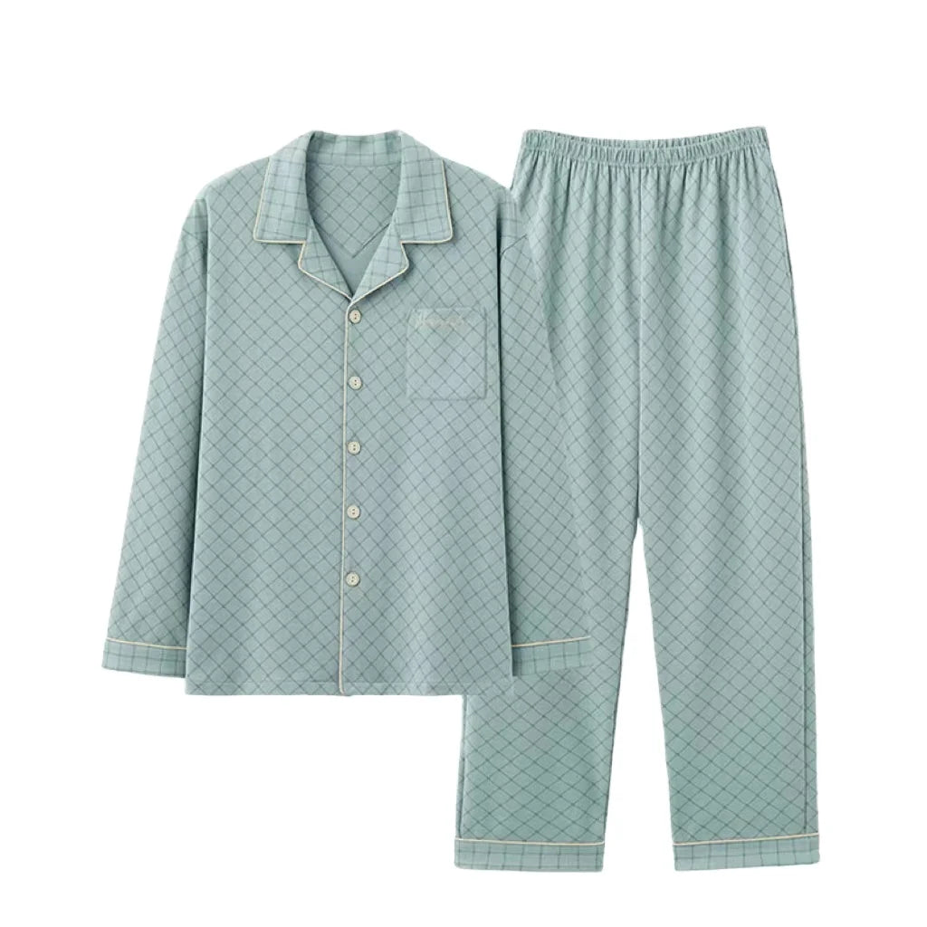 Comfort Autumn  Turn-down Collar Long Sleeve Trousers Sleepwear Leisure Pajamas Night Mens Plus Size Pijamas Set for Home Wear