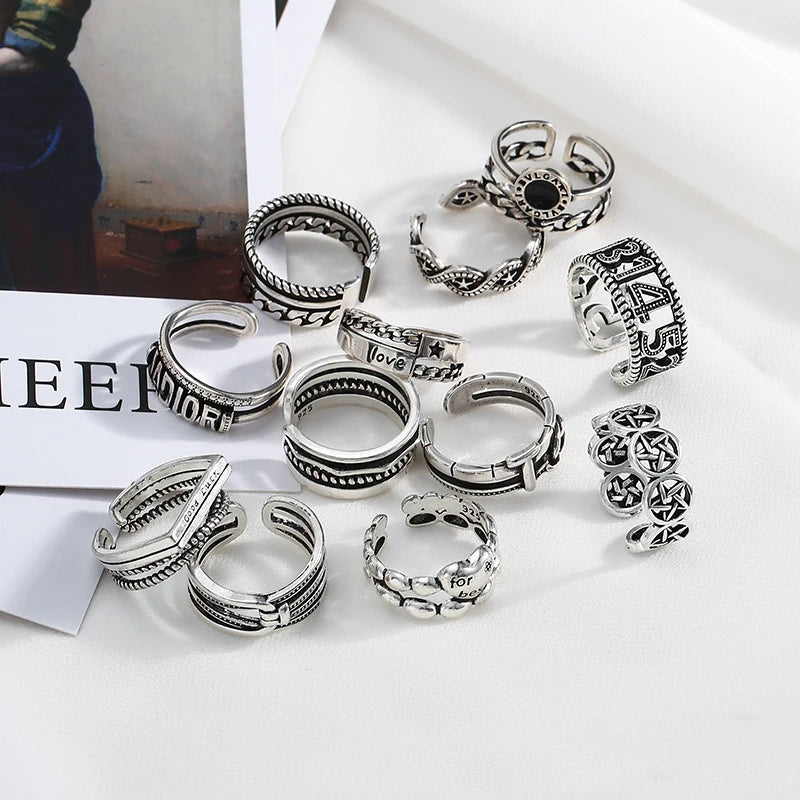 SC Retro Trendy Korean Silver Rings Opening Adjustable Finger Ring Vintage Knuckle Stacking Rings for Women Men