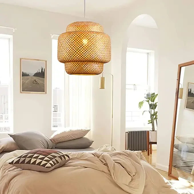Handcraft Woven Hanging Chandelier for Kitchen Island Dining Room Living Room Porch Bamboo Pendant Light Wicker Rattan Lampshade