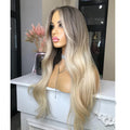 12A Quality Ombre Blonde Color Long Gray Root Body Wave Virgin Remy Cuticle Human Hair 13x4 Transparent Lace Front Wigs