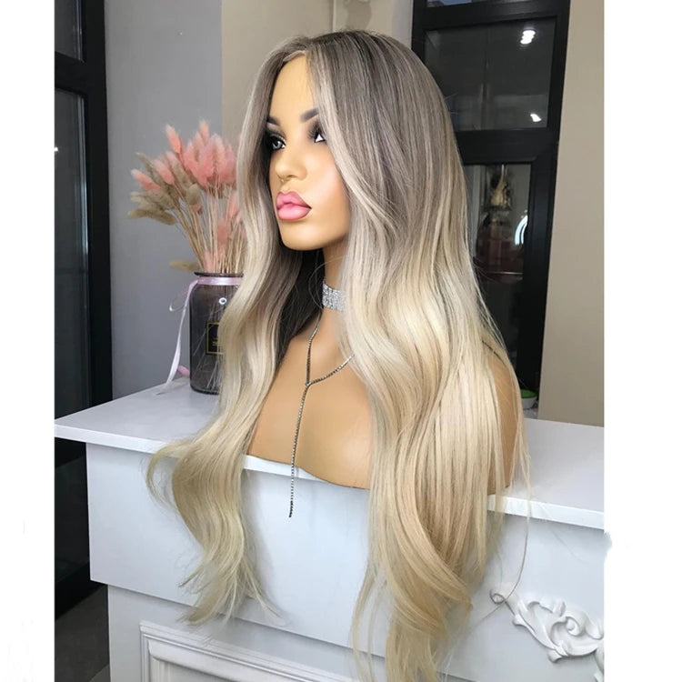 12A Quality Ombre Blonde Color Long Gray Root Body Wave Virgin Remy Cuticle Human Hair 13x4 Transparent Lace Front Wigs