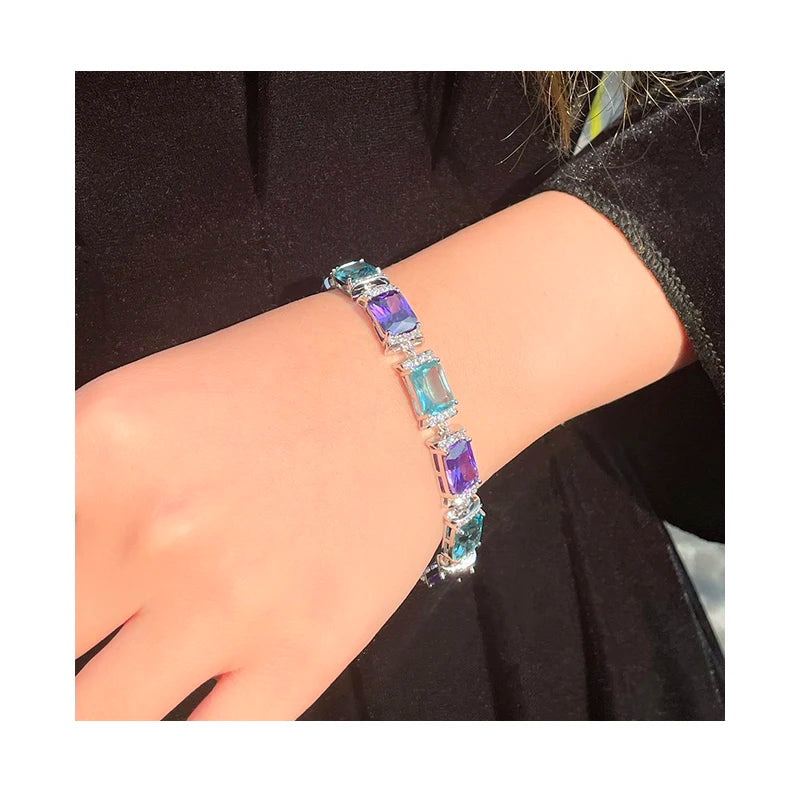 Glamorous Jewelry Women Rectangle Blue Purple Cubic Zirconia Stone Party Female Chain Link Bracelets