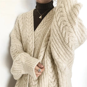 Autumn and Winter Knitted Fashion Simple Loose Twist Long Women Maxi Sweater Coat Cardigan