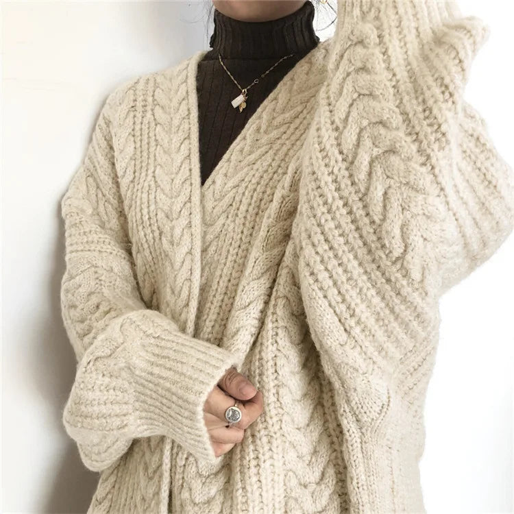 Autumn and Winter Knitted Fashion Simple Loose Twist Long Women Maxi Sweater Coat Cardigan