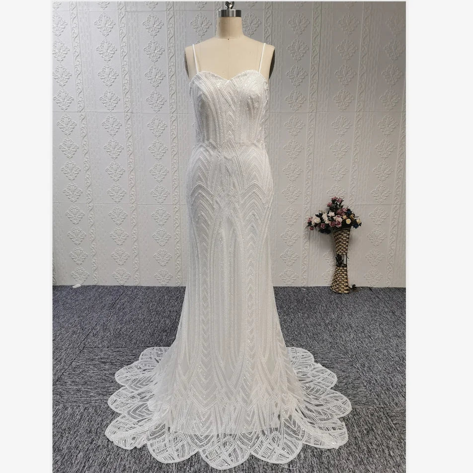 QUEENS GOWN Spaghetti Straps Mermaid Sweetheart Beaded Lace Ivory Flower Train Wedding Dress Customized Real Photo