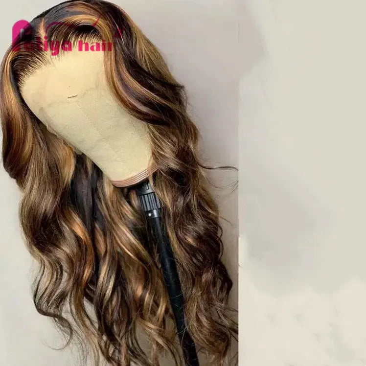 Women 13x4 Lace Front Wig 150% Density Blonde and Brown Colored Highlight P4/27 Pre Plucked Body Wavy Brazilian Hair Wig Long