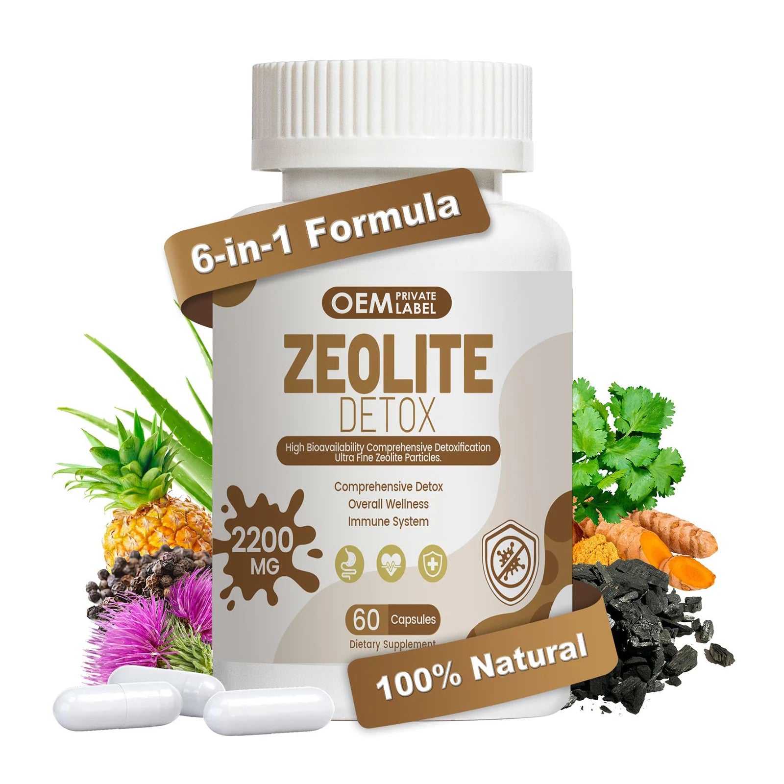 OEM 6-in-1 Zeolite Detox Capsules Micronized Smart Mineral Supplements Support Immune Digestive Tract Health Herbal Supplements