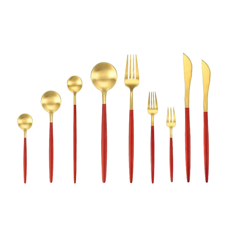 4pcs 304 Metal Flatware Set Gold Red Spoon Fork Knife for Steak Salad Dessert Fruit Cutlery Silverware Butter Knife