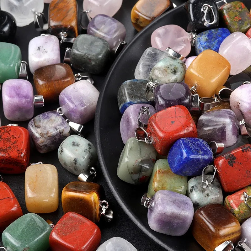 12 - 16mm Natural Stone Crystal Gemstone Small Cube Pendant Mixed Colorful Fengshui Healing Stone Polished Pendant for Necklace