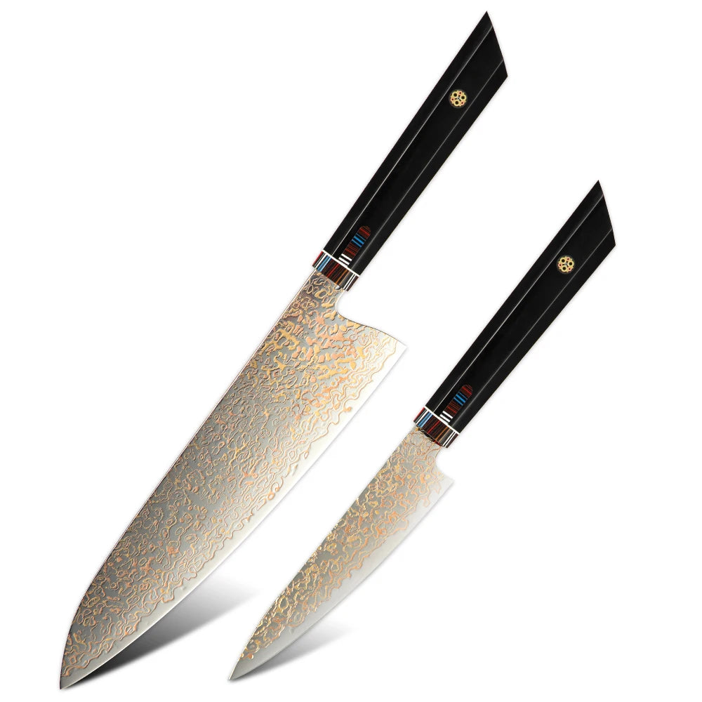 Amber 2pcs Chef Utility Fruit Paring VG10 Copper Damascus Knives Japanese Damascus Copper Steak Knife Set of Black Resin Handle