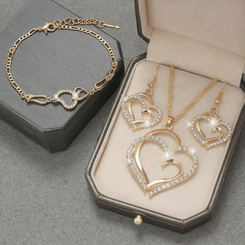 Finetoo Heart Diamond Pendant Necklace Crystal Earring Bracelet Gold and Silver Fashion Wedding Women Necklaces Romantic 6 Set