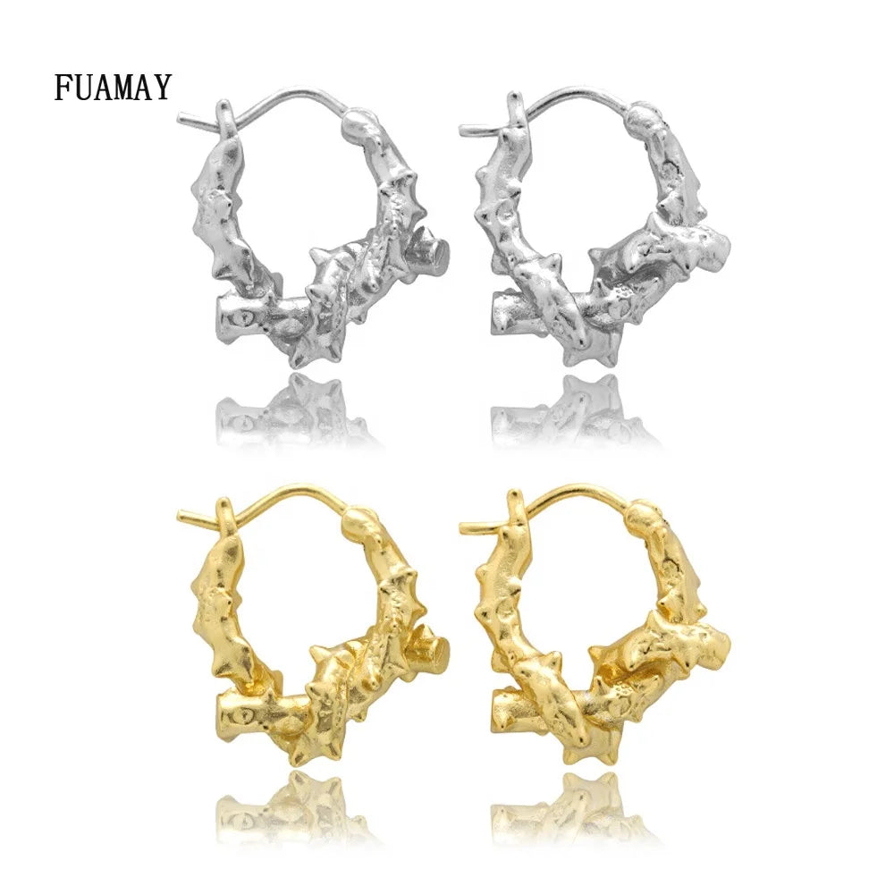 FUAMAY Boucle Doreille Femme 925 Silver Irregular Branch Knot Earrings Chunky Bold Huggies with Gold Plating Zircon for Wedding