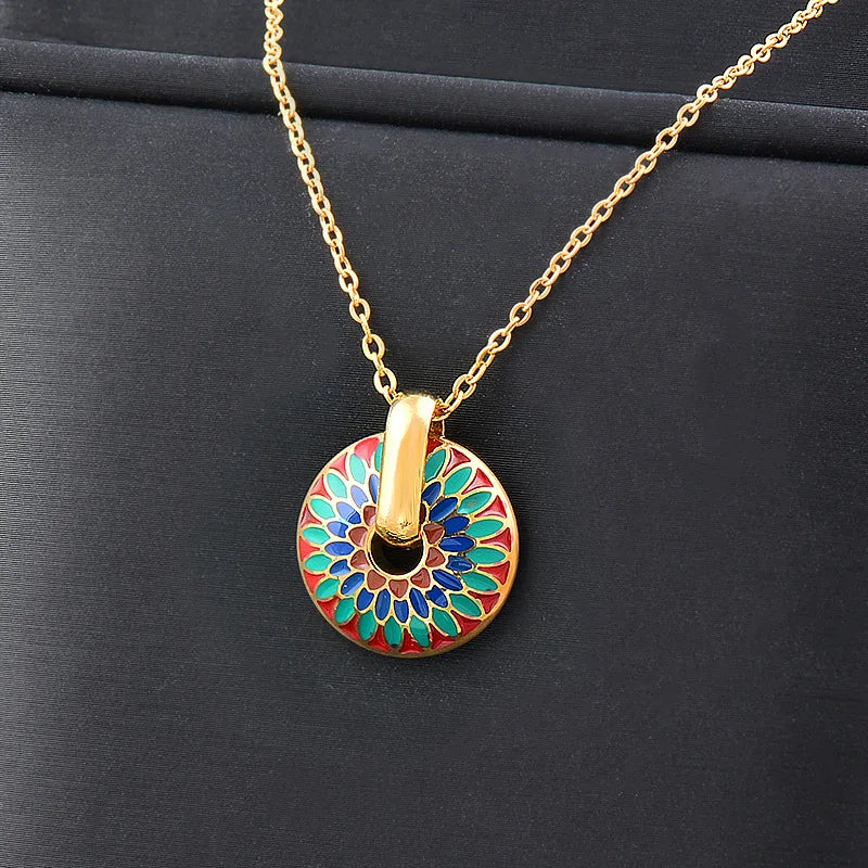 Bohemian Vintage Colorful Enamel Necklace Gold Plated Stainless Steel Dripping Oil Flower Pendant Necklace Women