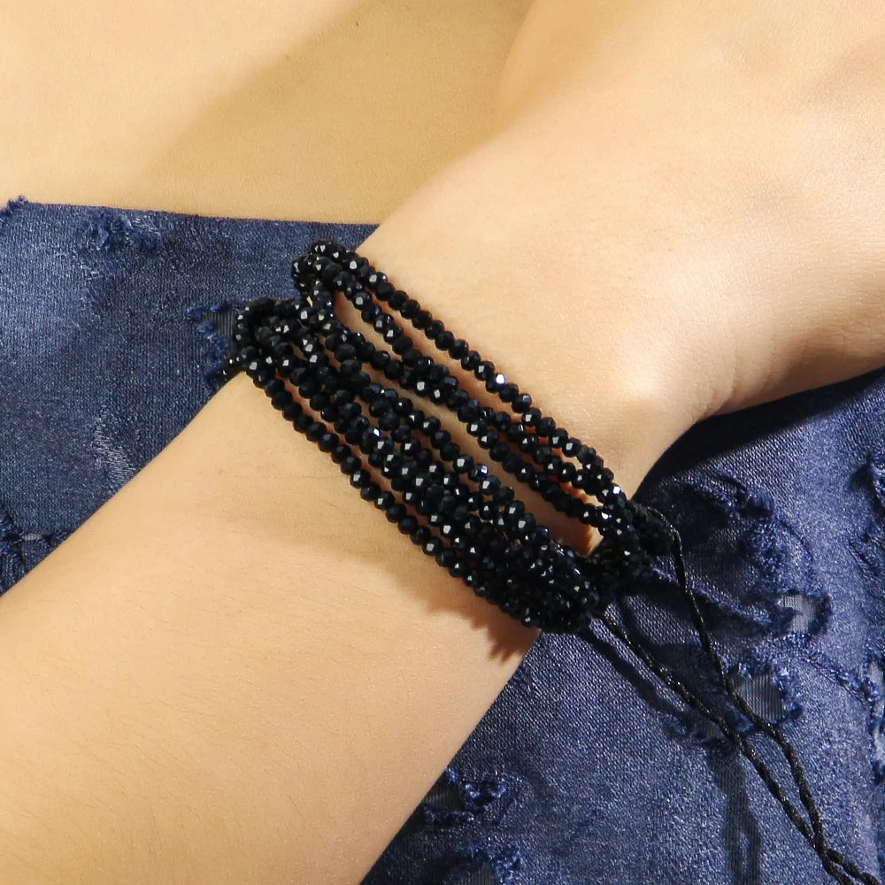 Women  4mm Black Transparent Grey Crystal Glass Beads Bracelet Multilayer Adjustable Tassel Friendship Bracelets