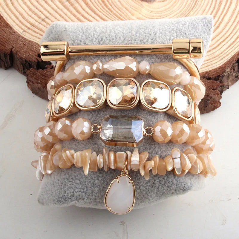 Women Fashion Alloy Flat Head Screw Bar D-shape Shackle Bangle Natural Gemstone Shell Bling Crystal Beaded Stack Bracelets Sets