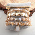 Women Fashion Alloy Flat Head Screw Bar D-shape Shackle Bangle Natural Gemstone Shell Bling Crystal Beaded Stack Bracelets Sets