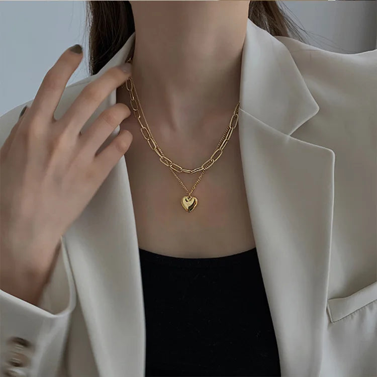 Top Fashion Gold Plated Heart Paperclip Necklace Hip Hop Layered Heart Pendant Couple Necklace for Rapper Dancer