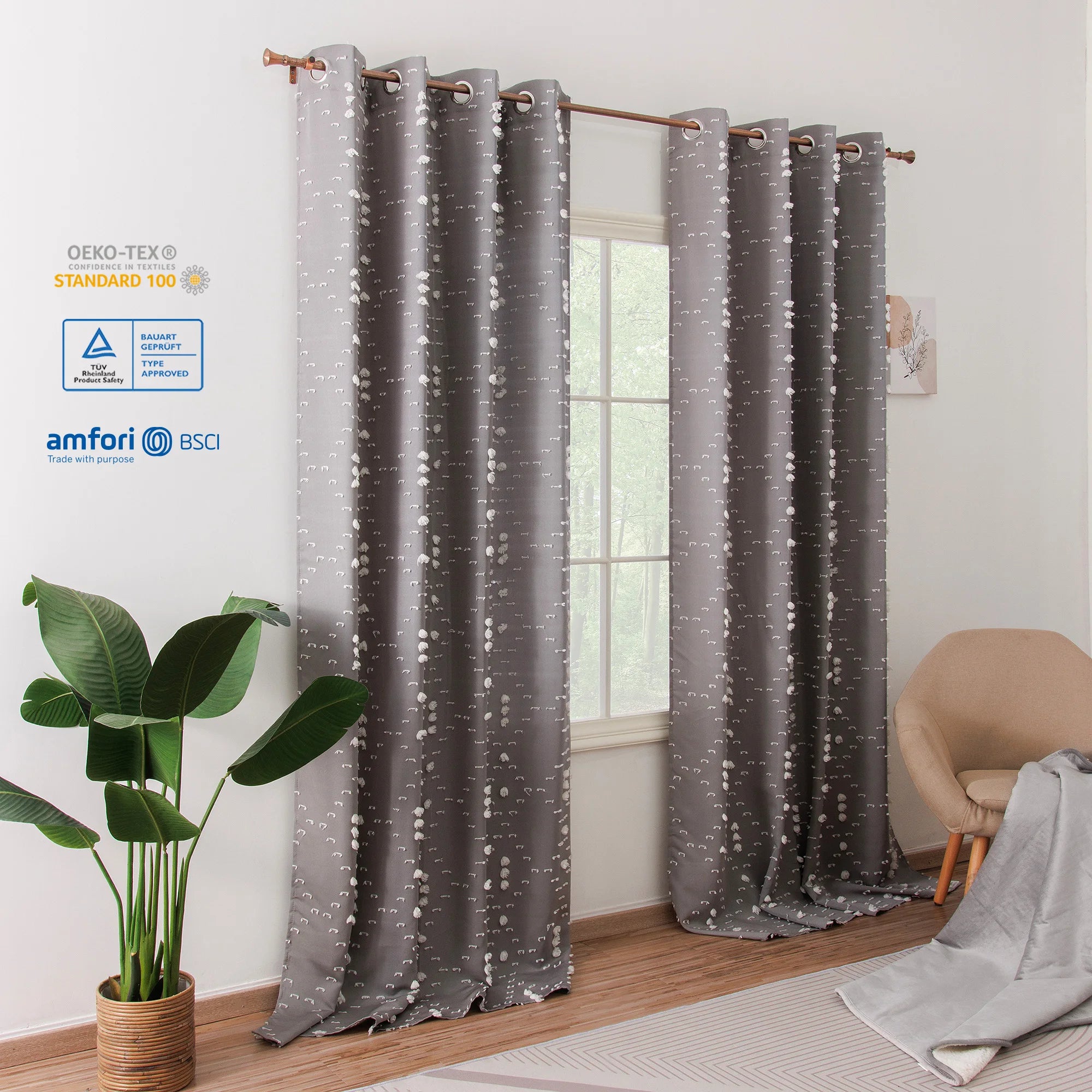 Custom Oxford Window Decor Curtains with Pom Pom Cut Out Semi Sheer for Living Room & Bedroom Home Decor Drapes