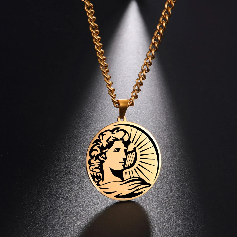 Sun God Apollo Pendant Necklace Pagan Necklace Ancient Greek Mythology Stainless Steel Jewelry