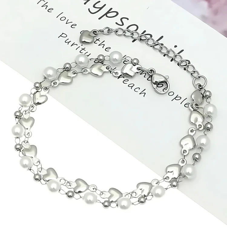 Customizable Men's Stainless Steel Bracelet with Ankle Heart Pearl Silver Charm Fashionable Bangles for Men Women with Extender