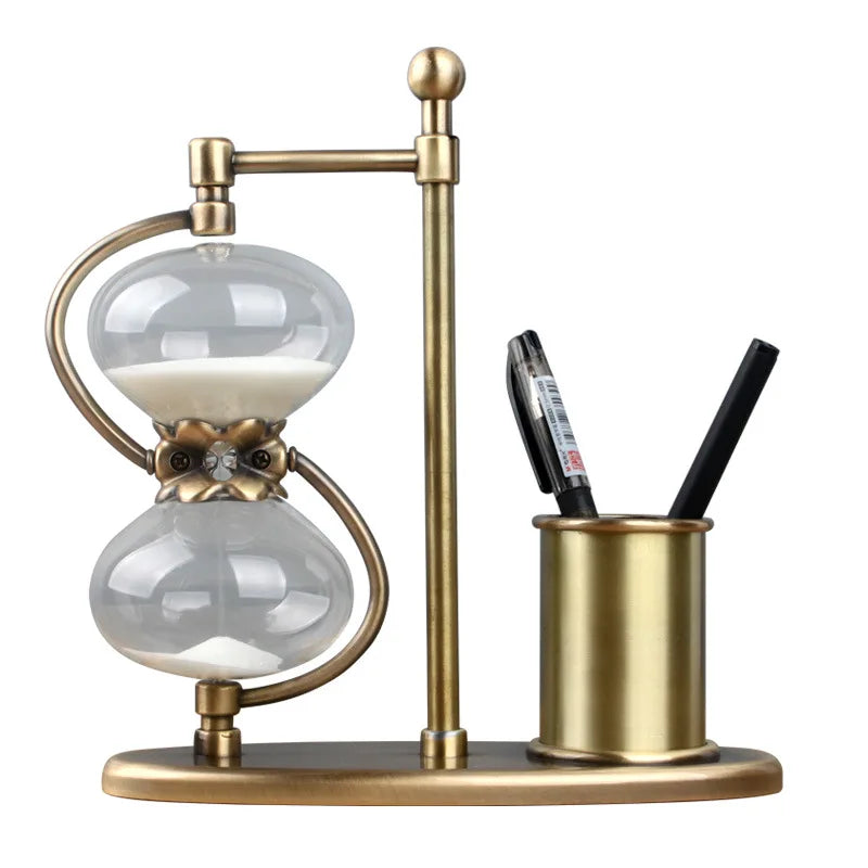 High-End Retro Office Desktop Pen Holder with Hourglass Timer Quick Sand Glass Time Modern Design Christmas Gift Box Ornament