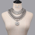 Luxury African Bridal Jewelry Rhinestone Silver Necklace Crystal Earrings Multi-layered Flower Pendant Elegant Necklace Set