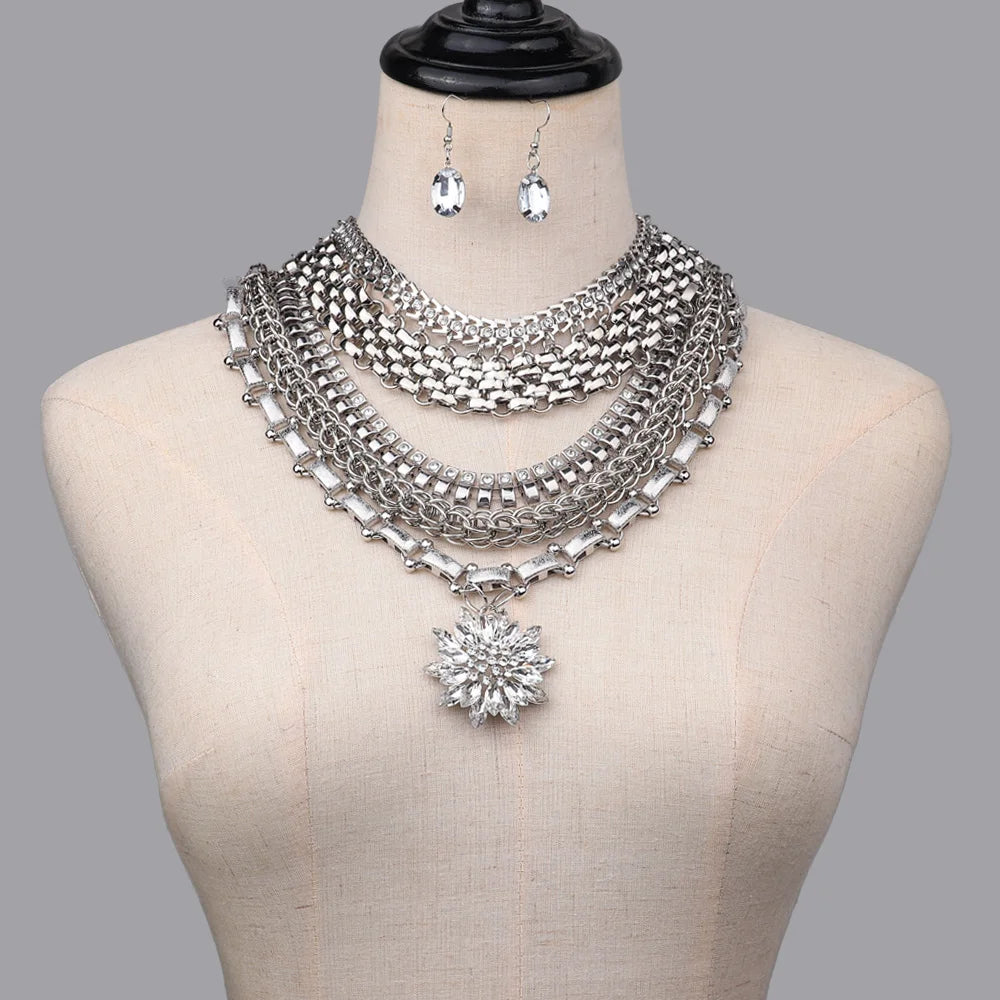 Luxury African Bridal Jewelry Rhinestone Silver Necklace Crystal Earrings Multi-layered Flower Pendant Elegant Necklace Set