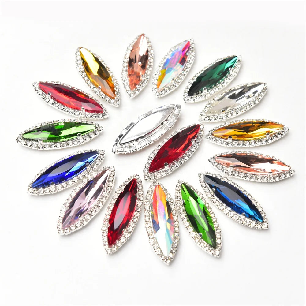 Large 10*35mm Horse Eye Shape Glass Diamonds Sew on Rhinestone With Silver Claw Marquise Crystal Stones for Clothes Shoes Bags
