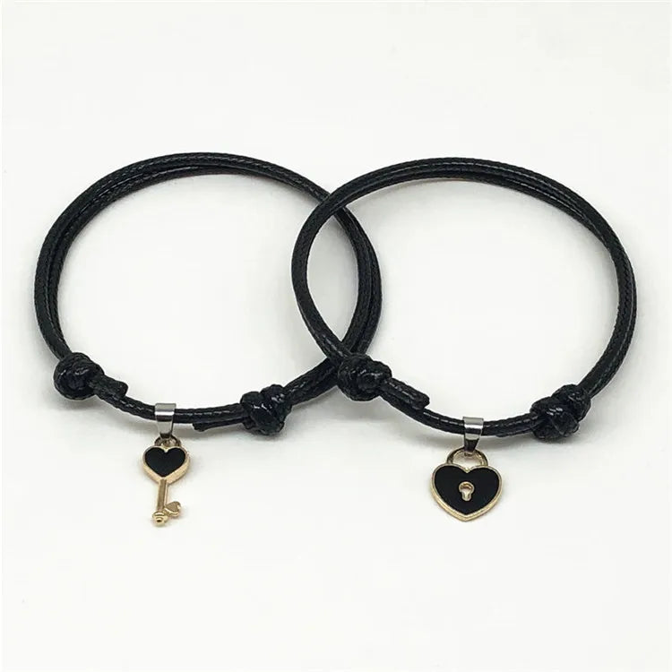 2Pcs/Set Trendy Couple Bracelet for Friend BFF Lock Key Design Black Color Rope Bracelet for Men Women Jewelry Wholesale