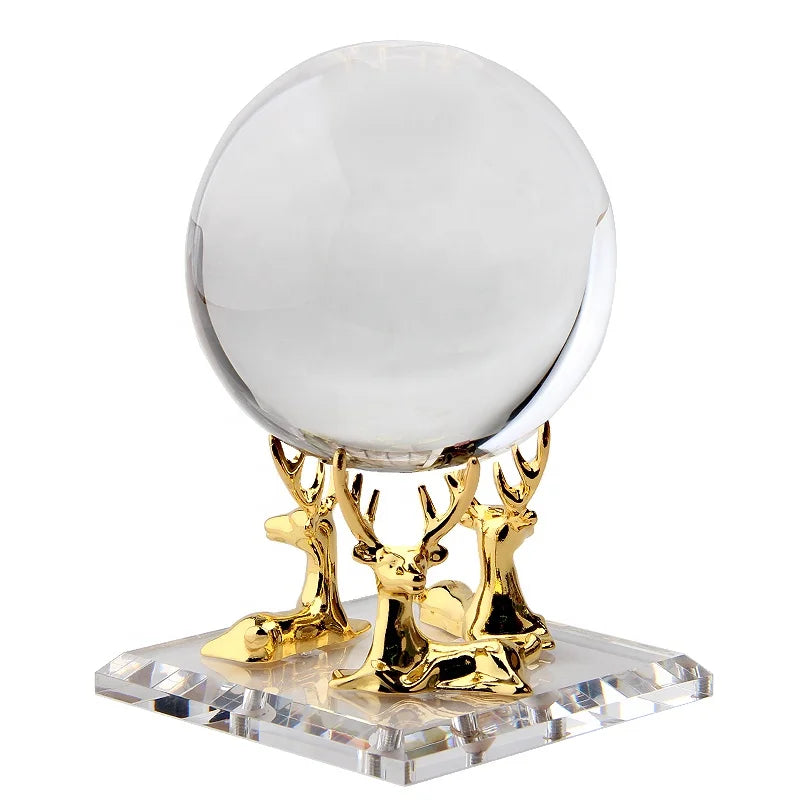 Modern Design Square Horizontal Deer Crystal Ball New Acrylic Base with Original Jade Glass Stone Spheres Clear Gold 10x10x6.3cm