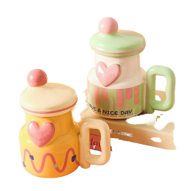 Large Capacity Cute Cartoon Design Ceramic Coffee Mug with Lid Good-Looking Office Hot Thermal Birthday Gift for Boys and Girls MegaBDM