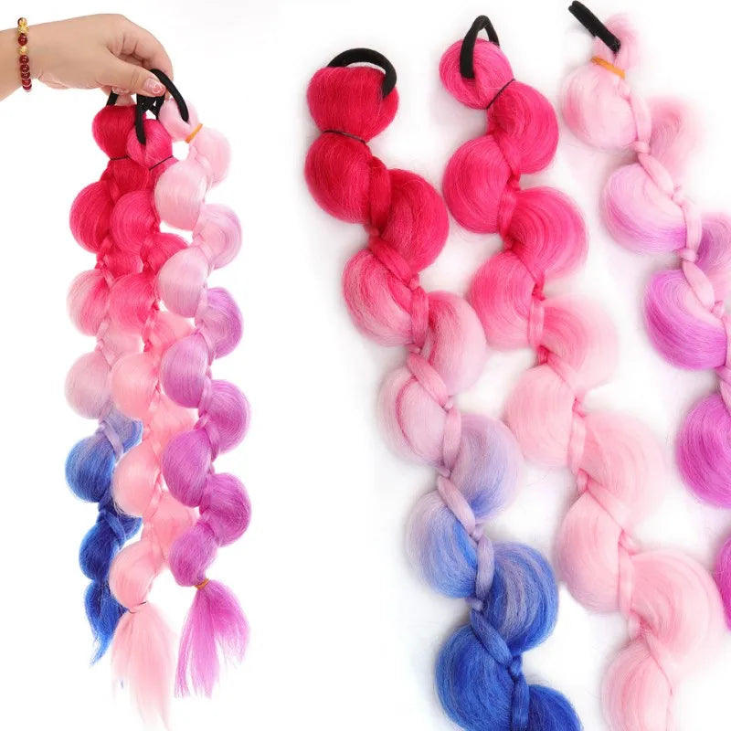 Stock 20inch Female Curved Braid Ponytail Wig Hip Hop Elastic Rubber Bands Ombre Synthetic Ponytails