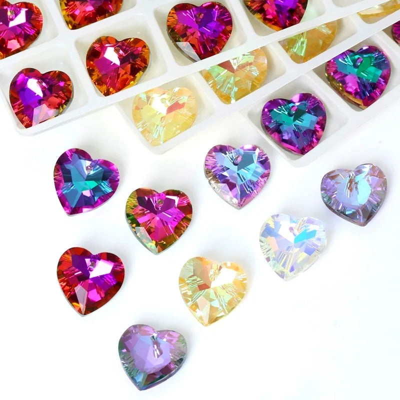 12pcs Bag Single Hole 14mm Aurora Illusion Heart Crystal Pendant Electroplating DIY Accessories Jewelry Findings & Components