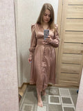 For OOTN 2024 Women's Elegant Beige Midi Dress High Waist Satin Long Lantern Sleeves V-Neck Single Breasted Party Club Casual