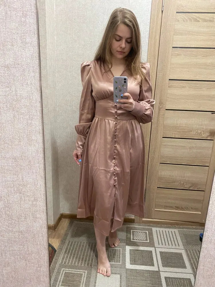 For OOTN 2024 Women's Elegant Beige Midi Dress High Waist Satin Long Lantern Sleeves V-Neck Single Breasted Party Club Casual