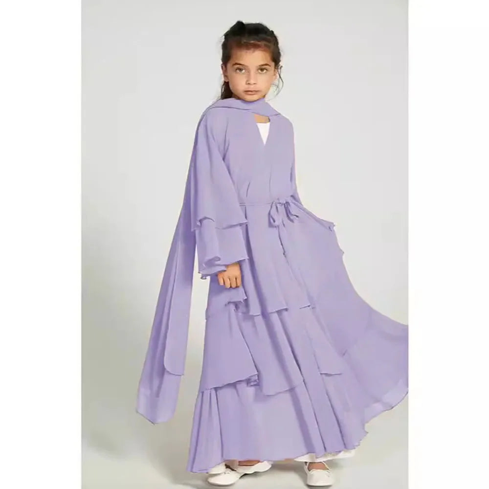 Children 3 Layer Chiffon Abaya With Belt Long Bell Sleeves Maxi Dress Wholesale Women Muslim Dress Dubai Islamic Clothing MegaBDM