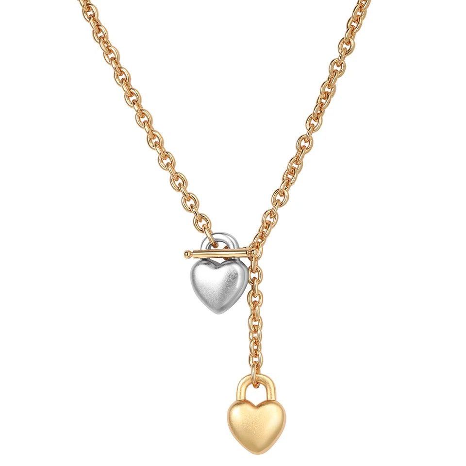 Fashion Brass Electroplated Gold and Silver Color Blocking Chain Sweater Chain Heart Necklace Women Jewelry Factory Wholesale