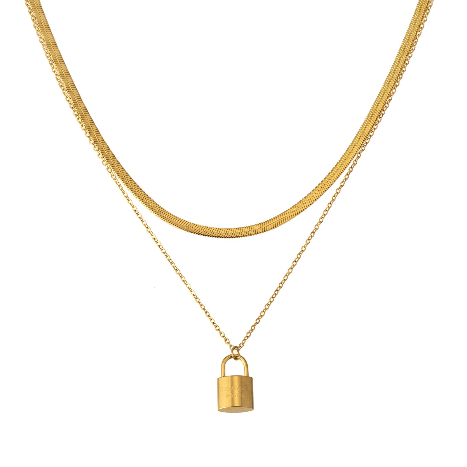 Ivanda 18K Gold Plated Stainless Steel Snake Chain Necklace Double Layered Chain Lock Pendant Necklaces Para Mujer