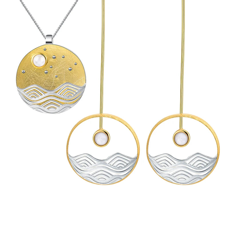 Handmade 925 Sterling Silver 18k Gold Plated Shell Pearl Drop Hanging Earring Pendant Necklace Jewelry Set Women Fashion Jewelry