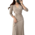 Wholesale 2025 Korean Chic Autumn French Style V-neck Lace up Waist Slim Over Knee Long Pleated Knit Dress