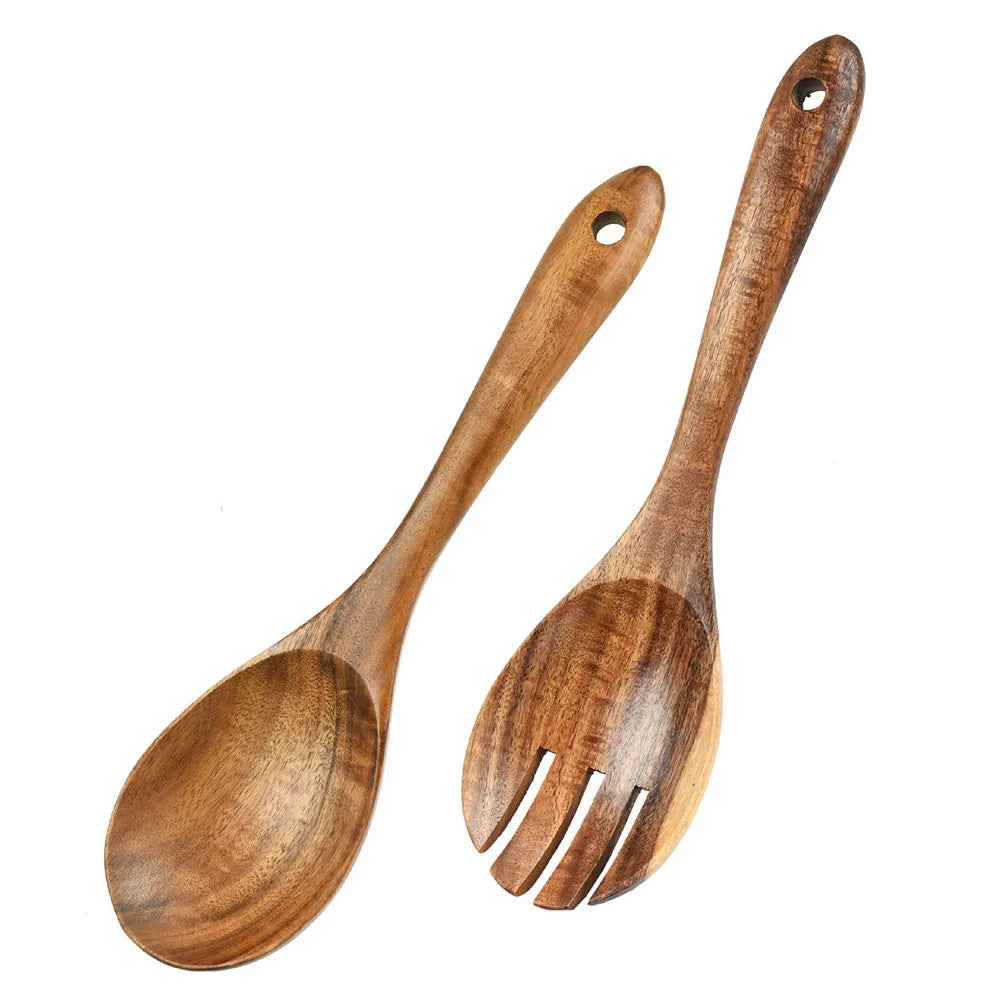 Fruit Dessert Salad Servers Mixing Kitchen Cooking Utensils Long Handle Acacia Wooden Salad Spoon and Fork Set