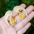 Symmetric 18K Gold Plated Half Round Long Dangle Big Yellow Water Drop Earrings for Women Cubic Zircon Wedding Costume Jewelry