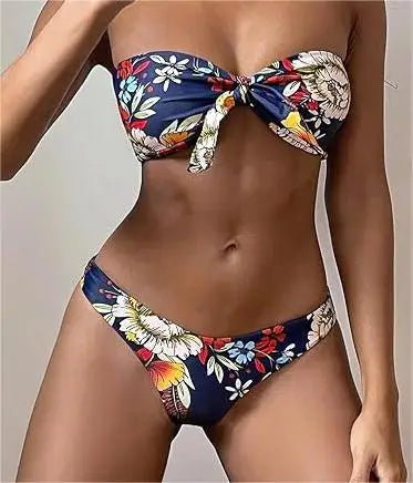 Floral Print Bandeau Bikini Set High Cut Strapless Front Knot Swimsuit Sexy Swimwear Custom Swimsuit for Women