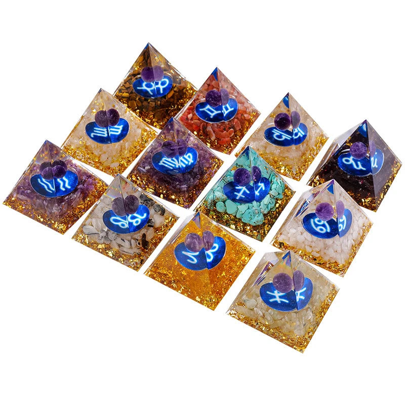 Natural Crystal Ball Twelve Zodiac Resin Pyramid Ornament Crystal Chip Twelve Constellation Decor Ornament