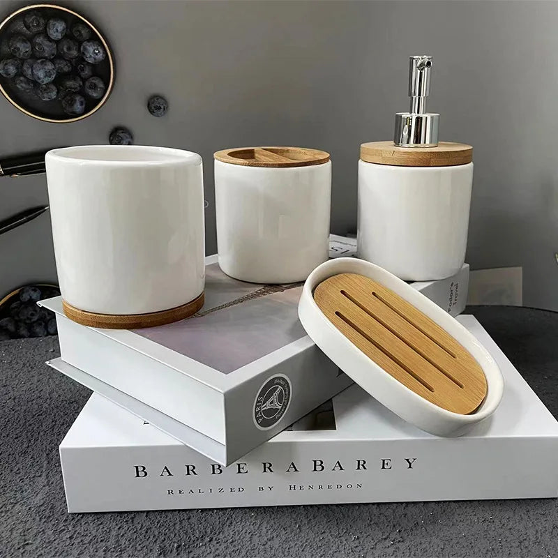 Coastal Design Ceramic Eco-Friendly Everyday Use Bathroom Four-piece Set with Toothbrush Holder and Cup