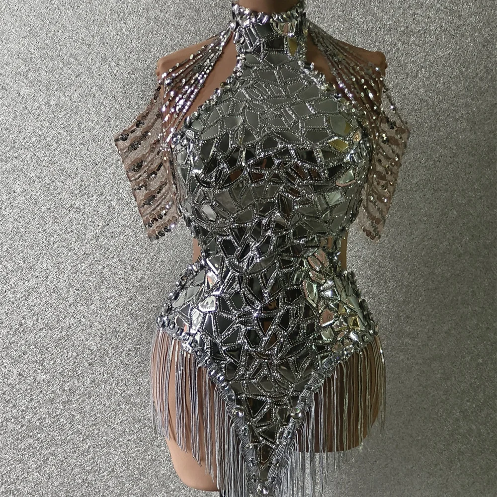 Photoshoot Show Festival Stripper Outfit Exotic Dancewear Backless Sequin Tassel Mini Dress Women Sexy Party Club Dress