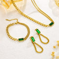 Zooying Fashion Hot New Green Square Crystal Pendant Stainless Steel Thick Chain Necklace Bracelet Jewelry Set for Women Men