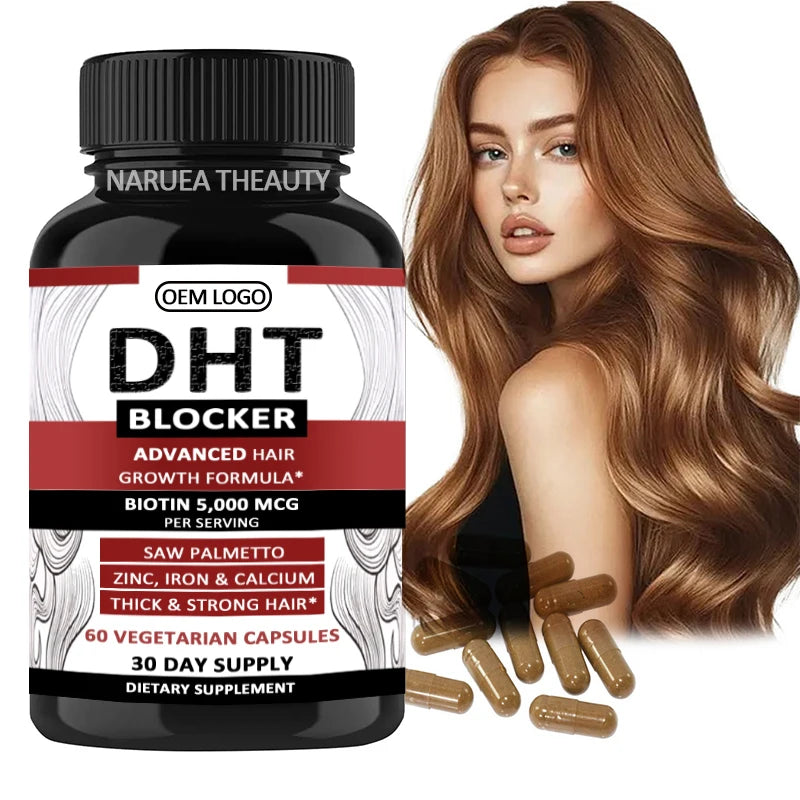 DHT Blocker Capsules Natural Saw Palmetto Herbal Extract Bottle and Can Packaging for Healthy Hair Follicles